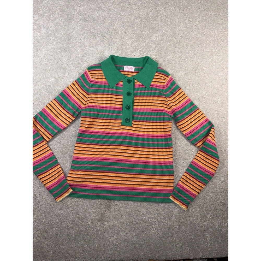 pink lily‎ striped collared ribbed long sleeve bright green pink M